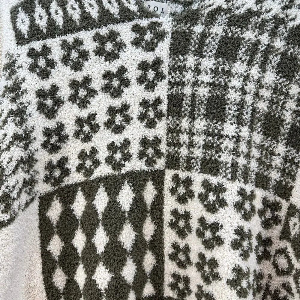 Pol Anthropologie Sweater Women's L Green Cream Loose Weave Oversized Preppy - Picture 4 of 11